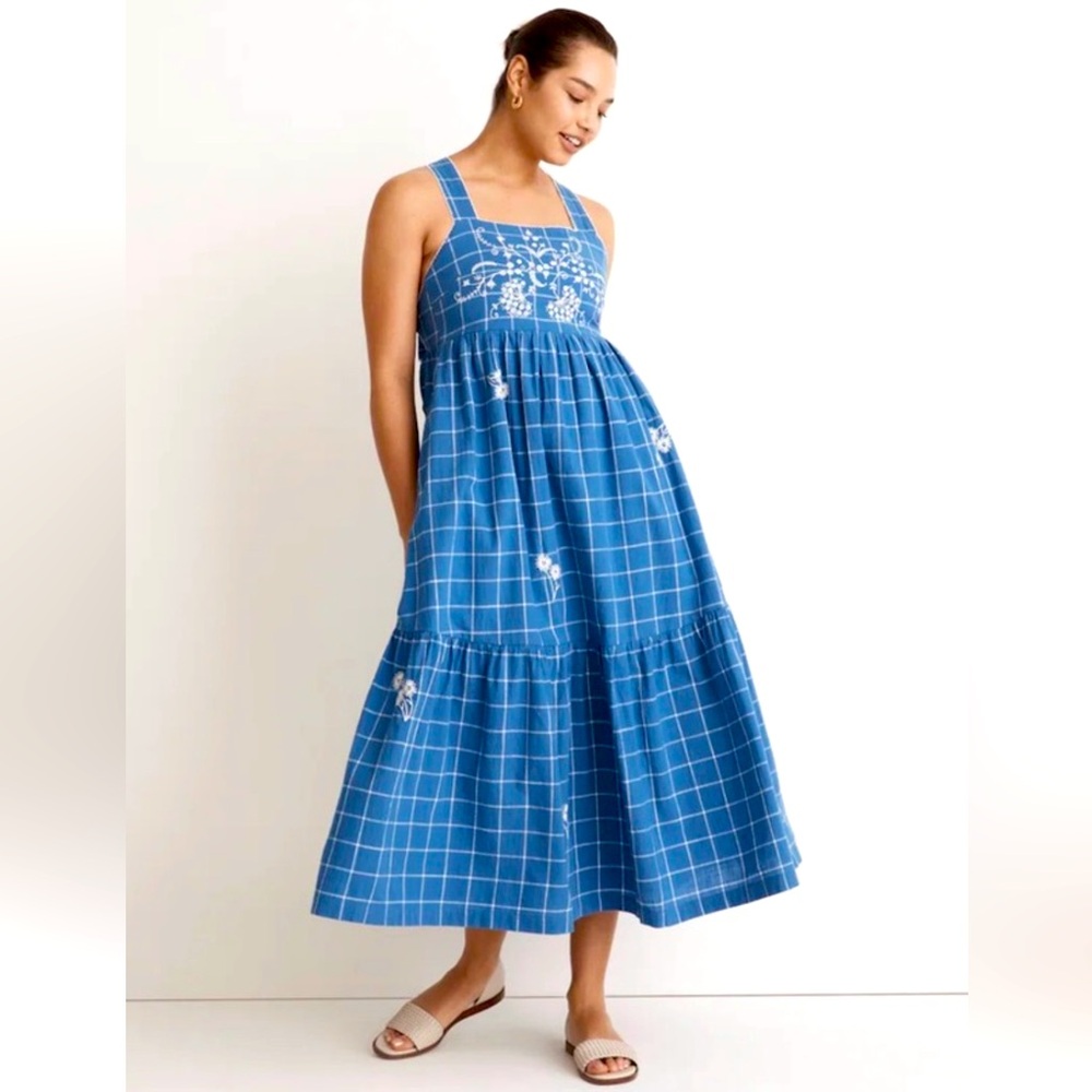 MADEWELL Embroidered Cicely Tiered Midi Dress in Plaid